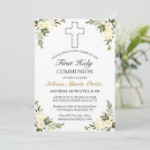 Elegant Ivory Floral Rose Erste Heilige Kommune Einladung (Stehend Vorderseite)
