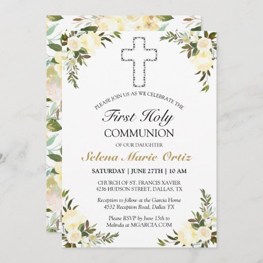 Elegant Ivory Floral Rose Erste Heilige Kommune Einladung (Vorne/Hinten)