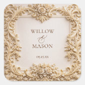 Elegant Ivory Floral Scroll Wedding Quadratischer Aufkleber (Vorderseite)