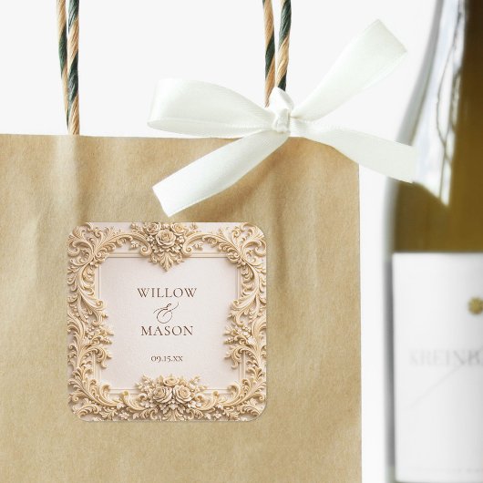 Elegant Ivory Floral Scroll Wedding Quadratischer Aufkleber