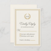 Elegant Ivory Gold Monogram Laurel Wreath Wedding RSVP Karte (Vorne/Hinten)