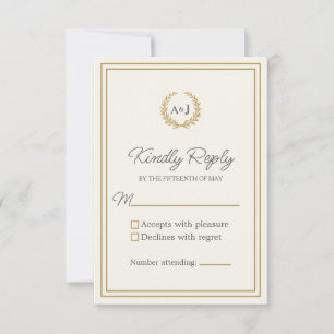 Elegant Ivory Gold Monogram Laurel Wreath Wedding RSVP Karte