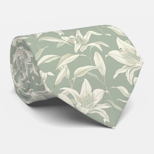 Elegant Ivory Lily on Sage Green Floral Pattern Krawatte (Gerollt)