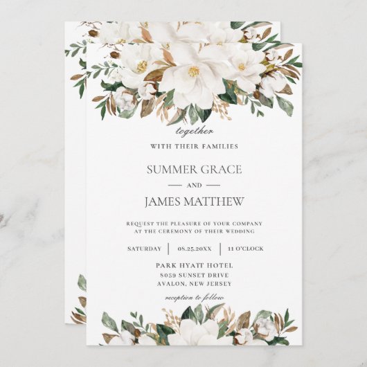 Elegant Ivory Magnolia Blumengrün Hochzeit Einladung (Vorne/Hinten)