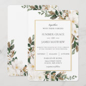 Elegant Ivory Magnolia Blumengrün Hochzeit Einladung (Vorne/Hinten)