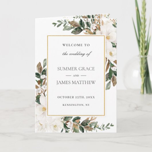 Elegant Ivory Magnolia Blumengrün Hochzeit Programm (Vorderseite)