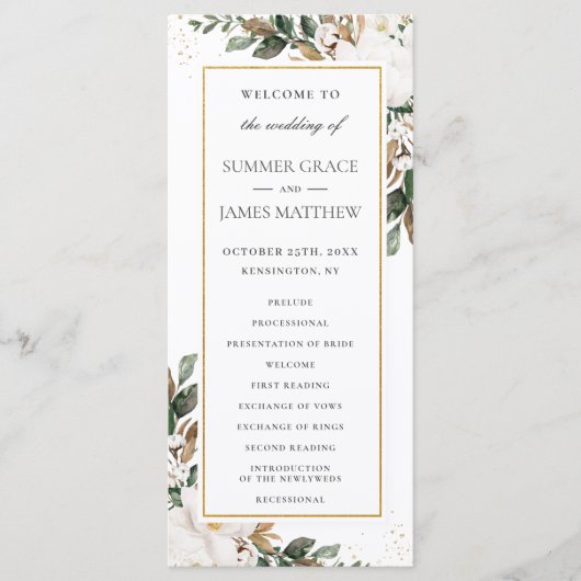 Elegant Ivory Magnolia Blumengrün Hochzeit Programm (Vorderseite)