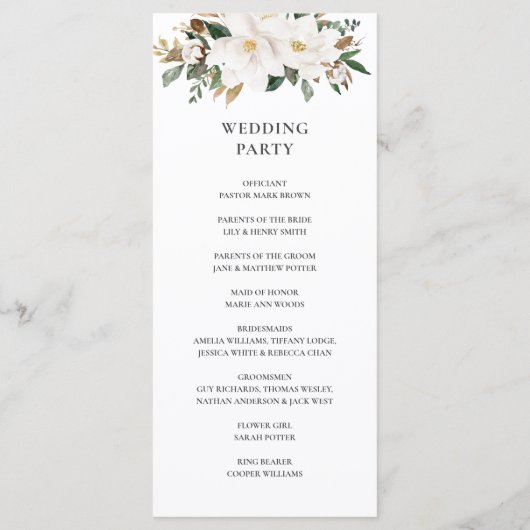 Elegant Ivory Magnolia Blumengrün Hochzeit Programm (Rückseite)