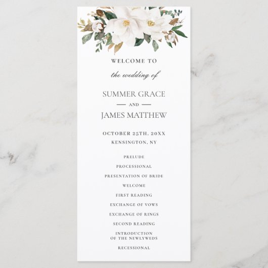 Elegant Ivory Magnolia Blumengrün Hochzeit Programm (Vorderseite)