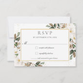 Elegant Ivory Magnolia Blumengrün Hochzeit RSVP Karte (Vorderseite)