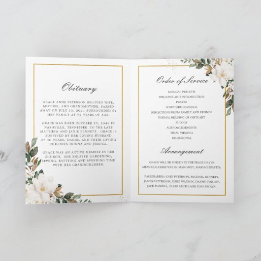 Elegant Ivory Magnolia Foto Beerdigung Programm (Innenseite)