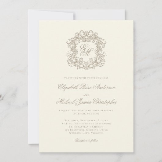 Elegant Ivory Ornate Monogram Crest Wedding Einladung (Vorderseite)