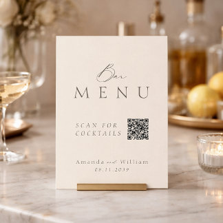 Elegant Ivory QR Code Wedding Bar Menu Sign Einladung