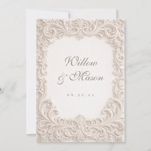 Elegant Ivory Rococo Scroll Wedding Invitation Einladung (Rückseite)