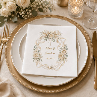 Elegant Ivory Roses, Eucalyptus, Pearls Wedding Serviette