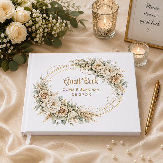 Elegant Ivory Roses Pearls Eucalyptus Wedding | Gästebuch