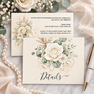 Elegant Ivory Roses Pearls Eucalytus Pampas Grass Begleitkarte