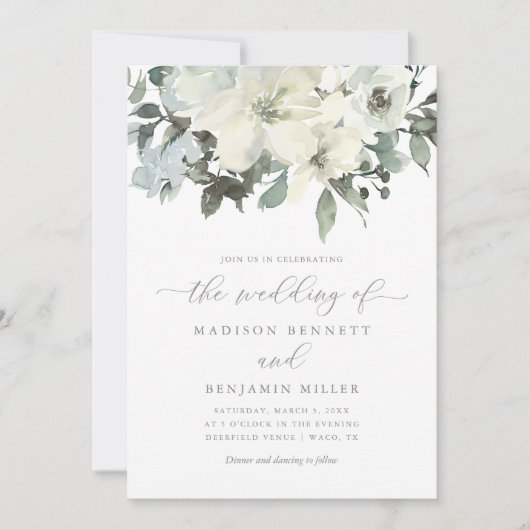 Elegant Ivory Sage Blumengrün Hochzeit Einladung (Vorderseite)