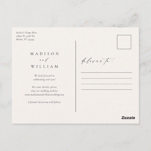 Elegant Ivory Save the Date Postkarte (Rückseite)