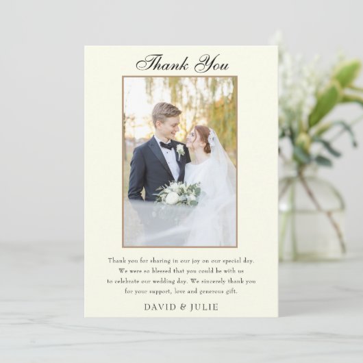 Elegant Ivory Wedding Foto Dankeschön Card Dankeskarte (Stehend Vorderseite)