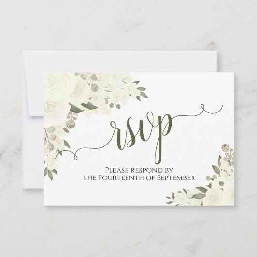 Elegant Ivory White Floral Calligraphy Wedding RSVP Karte (Vorderseite)
