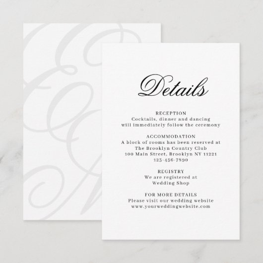 Elegant Ivory White Monogram Wedding Details Begleitkarte (Vorne/Hinten)