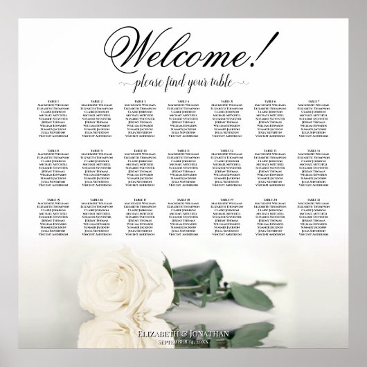 Elegant Ivory White Rose 21 Tabelle Seating Chart Poster (Vorne)
