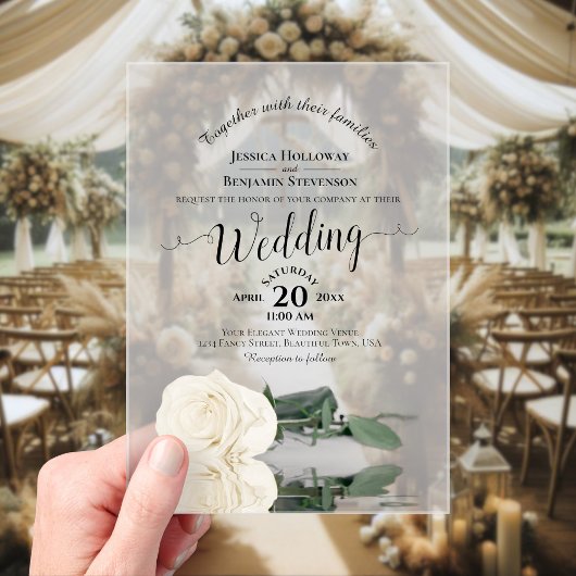 Elegant Ivory White Rose Lacy Calligraphy Wedding Acryleinladungen