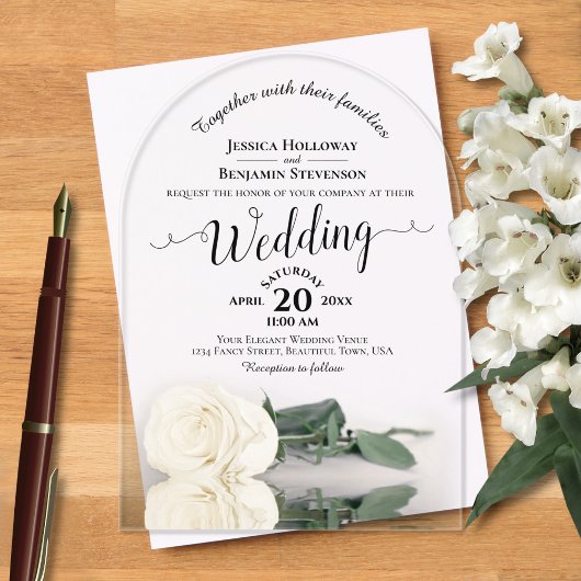 Elegant Ivory White Rose Lacy Calligraphy Wedding Acryleinladungen