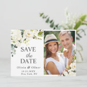 Elegant Ivory White Roses Greenery FOTO Wedding Save The Date (Stehend Vorderseite)