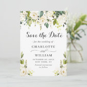 Elegant Ivory White Roses Grüne Hochzeit Save The Date (Stehend Vorderseite)