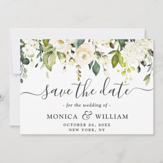 Elegant Ivory White Roses Grüne Hochzeit Save The Date (Vorderseite)