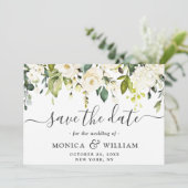 Elegant Ivory White Roses Grüne Hochzeit Save The Date (Stehend Vorderseite)