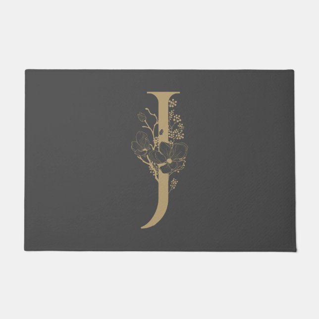 Elegant J Boho Floral Monogram Initial Gray Gold Fußmatte (Vorderseite)