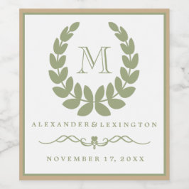 Elegant Jade Monogram Laurel Wreath Wedding Weinetikett