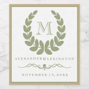 Elegant Jade Monogram Laurel Wreath Wedding Weinetikett