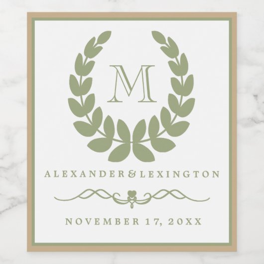 Elegant Jade Monogram Laurel Wreath Wedding Weinetikett (Einzelnes Label)