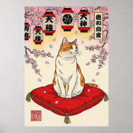 Elegant Japanese Cat Art Red Cushion Cherry Poster
