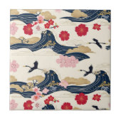 Elegant Japanese Ceramic Tile with Floral Waves Fliese (Vorderseite)