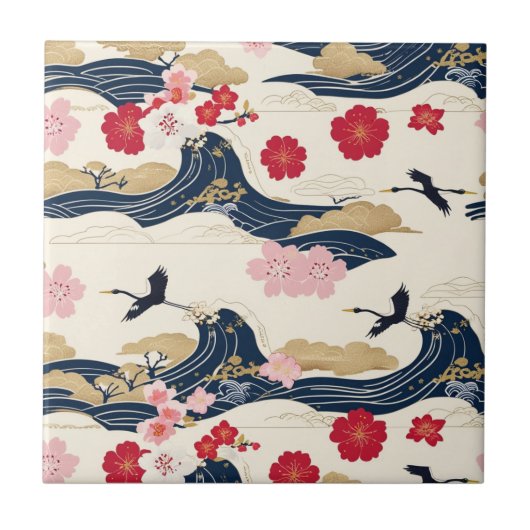 Elegant Japanese Ceramic Tile with Floral Waves Fliese (Vorderseite)