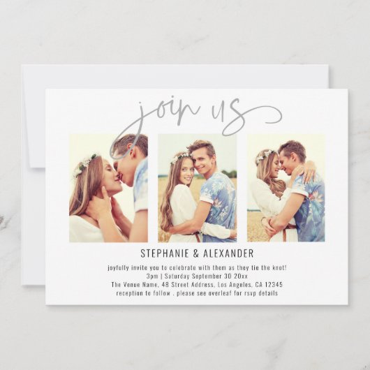 Elegant Join Us 3 Foto Script Wedding Einladung (Vorderseite)