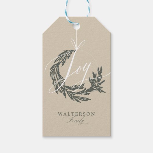 Elegant Joy Calligraphy Garland Wreath Family Name Geschenkanhänger (Vorderseite)