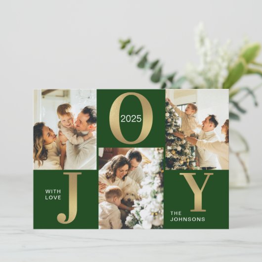 Elegant Joy Green Gold Foto Collage Weihnachten (Stehend Vorderseite)