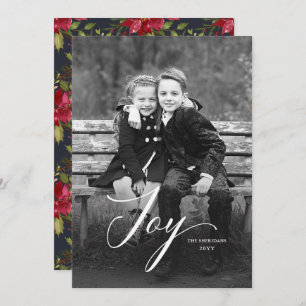 Elegant Joy Script Poinsettia Christmas Full Foto Feiertagskarte