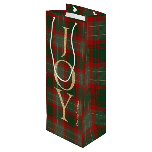 Elegant Joyful Weihnachtsskript tartan rot Geschenktüte Für Weinflaschen (Rückseite Schrägansicht)