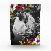 Elegant Just Married Magenta Green Floral Wedding Fotoblock (Vorderseite)
