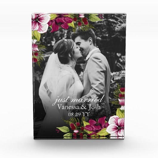 Elegant Just Married Magenta Green Floral Wedding Fotoblock (Vorderseite)