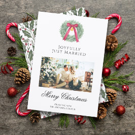 Elegant Just Married Newlywed Christmas Photo Card Feiertagskarte