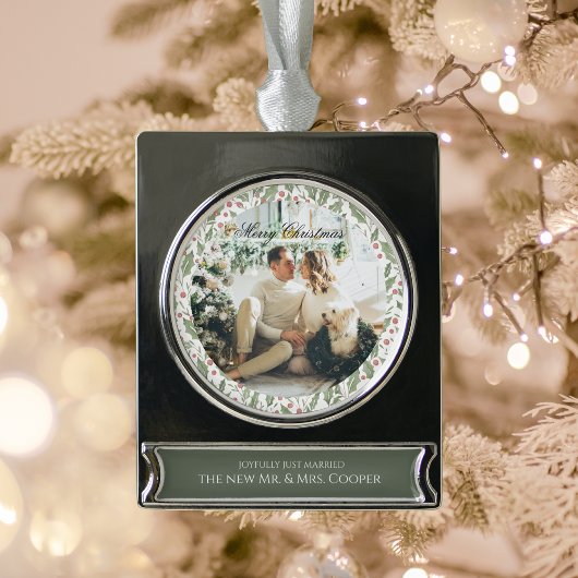 Elegant Just Married Newlywed Photo Christmas Banner-Ornament Silber