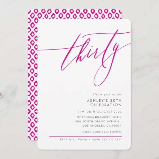 ELEGANT Kalligraphie minimal 30. Party heiß rosa Einladung (Vorne/Hinten)